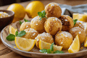 Freshly baked Zesty Lemon Treat Balls dusted with powdered sugar in a rustic kitchen.