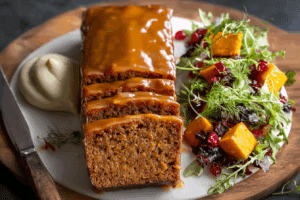 Moist brown sugar pumpkin loaf with glaze and fall decor