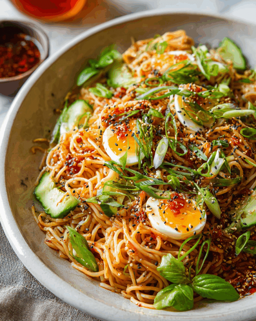 Global variations of spicy cold noodle salad in colorful bowls