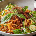Bowl of spicy cold noodle salad with fresh herbs and chili crisp