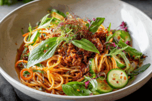 Bowl of spicy cold noodle salad with fresh herbs and chili crisp