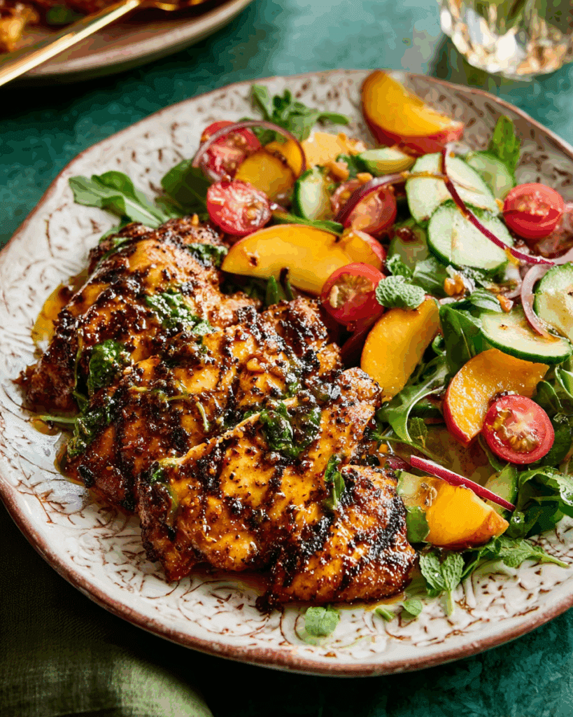 grilled chicken topped with peach salad on a platter