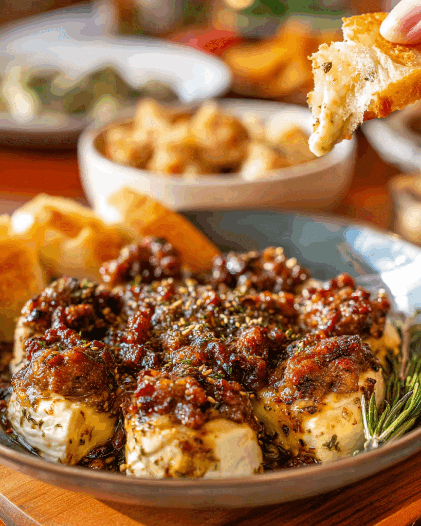 Mini sausage brie appetizers with garnish