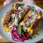 Curried Chicken Lime Coleslaw and Mint Yoghurt sandwich close-up