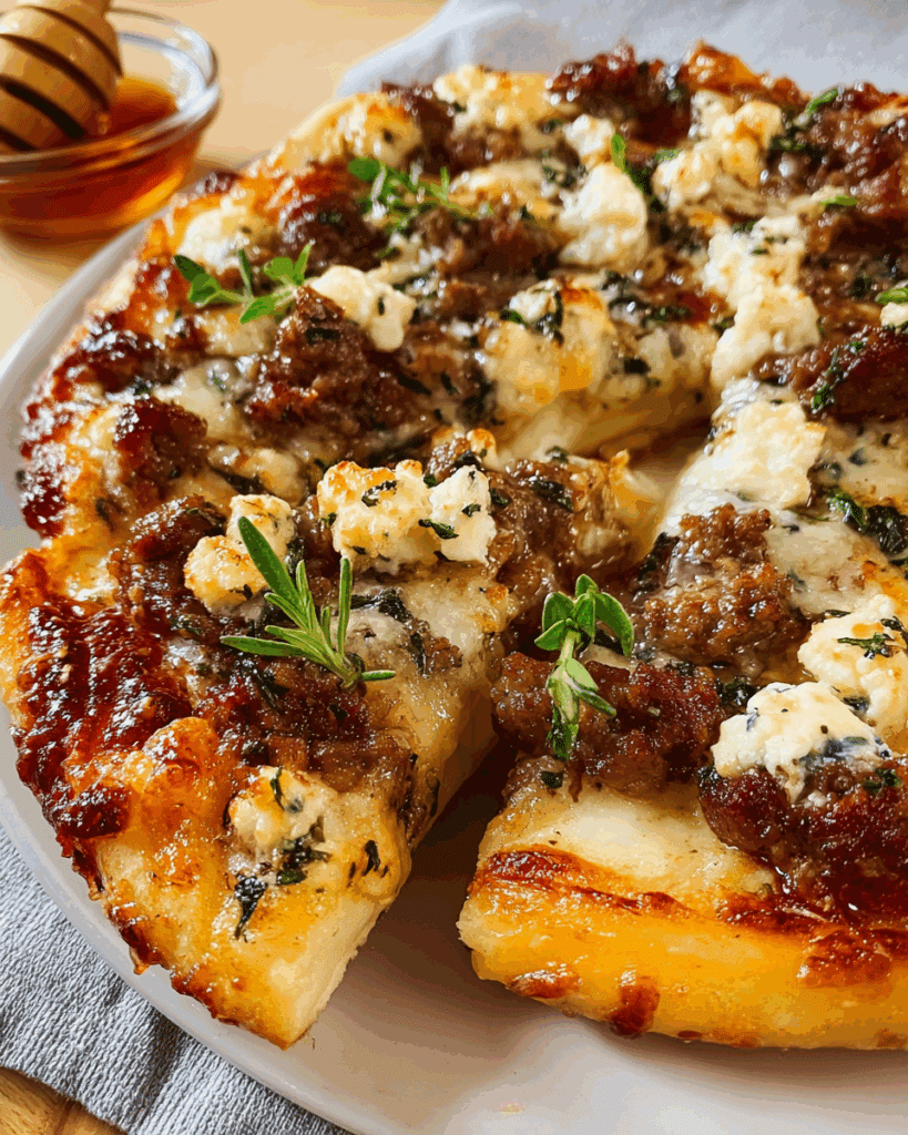 Slice of Sausage Ricotta Honey Hot Pizza with hot honey