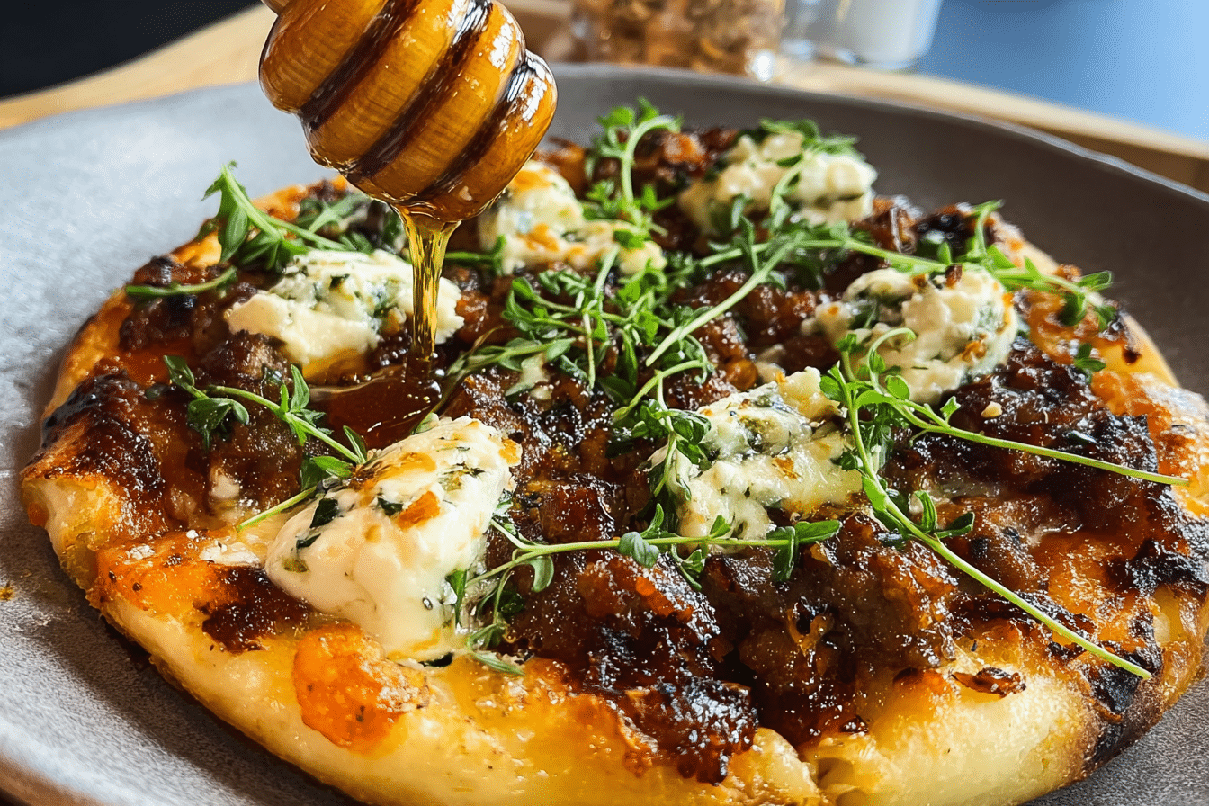 Sausage Ricotta Honey Hot Pizza with hot honey drizzle and basil