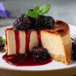 London Fog Basque Cheesecake with Blackberry Sauce on a rustic table.