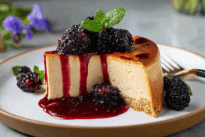 London Fog Basque Cheesecake with Blackberry Sauce on a rustic table.