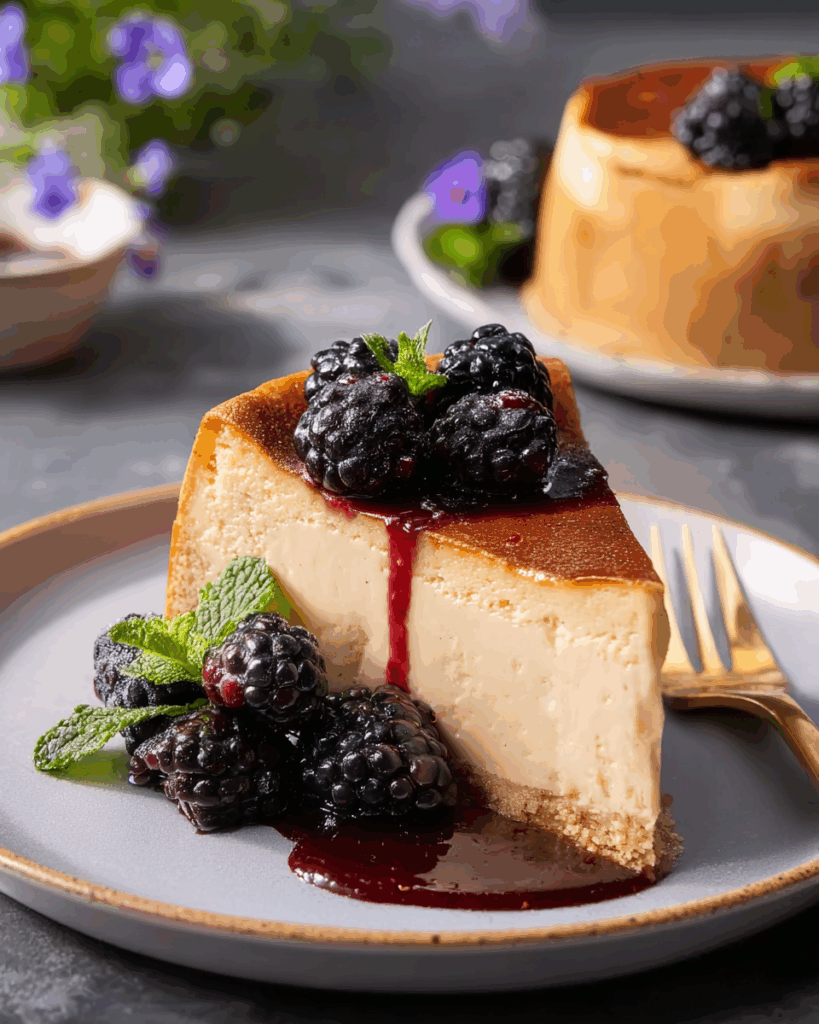 Slice of London Fog Basque Cheesecake served with blackberry sauce.