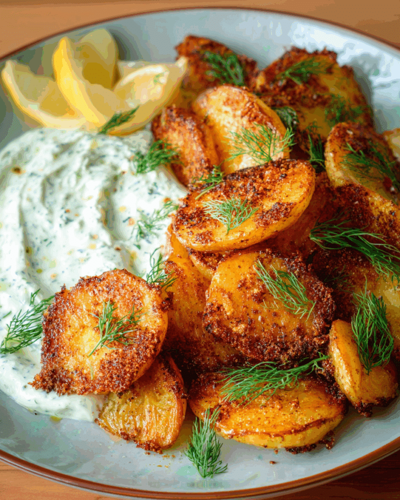 Mezze platter featuring crispy lemon potatoes with ricotta