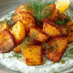 Crispy Lemon Potatoes with Dill Whipped Ricotta laid out on a table