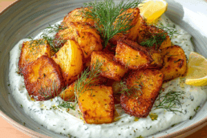 Crispy Lemon Potatoes with Dill Whipped Ricotta laid out on a table