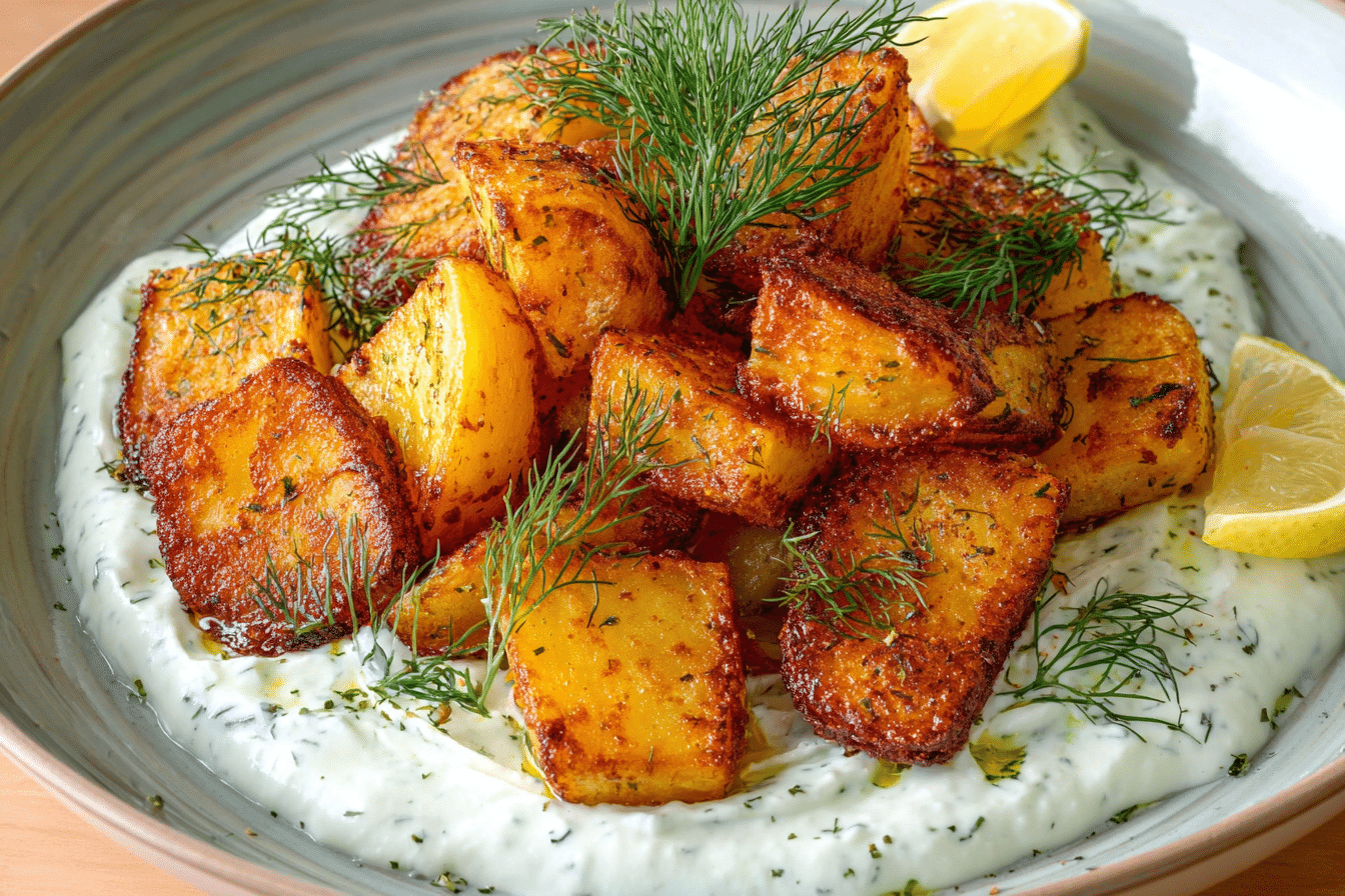 Crispy Lemon Potatoes with Dill Whipped Ricotta laid out on a table