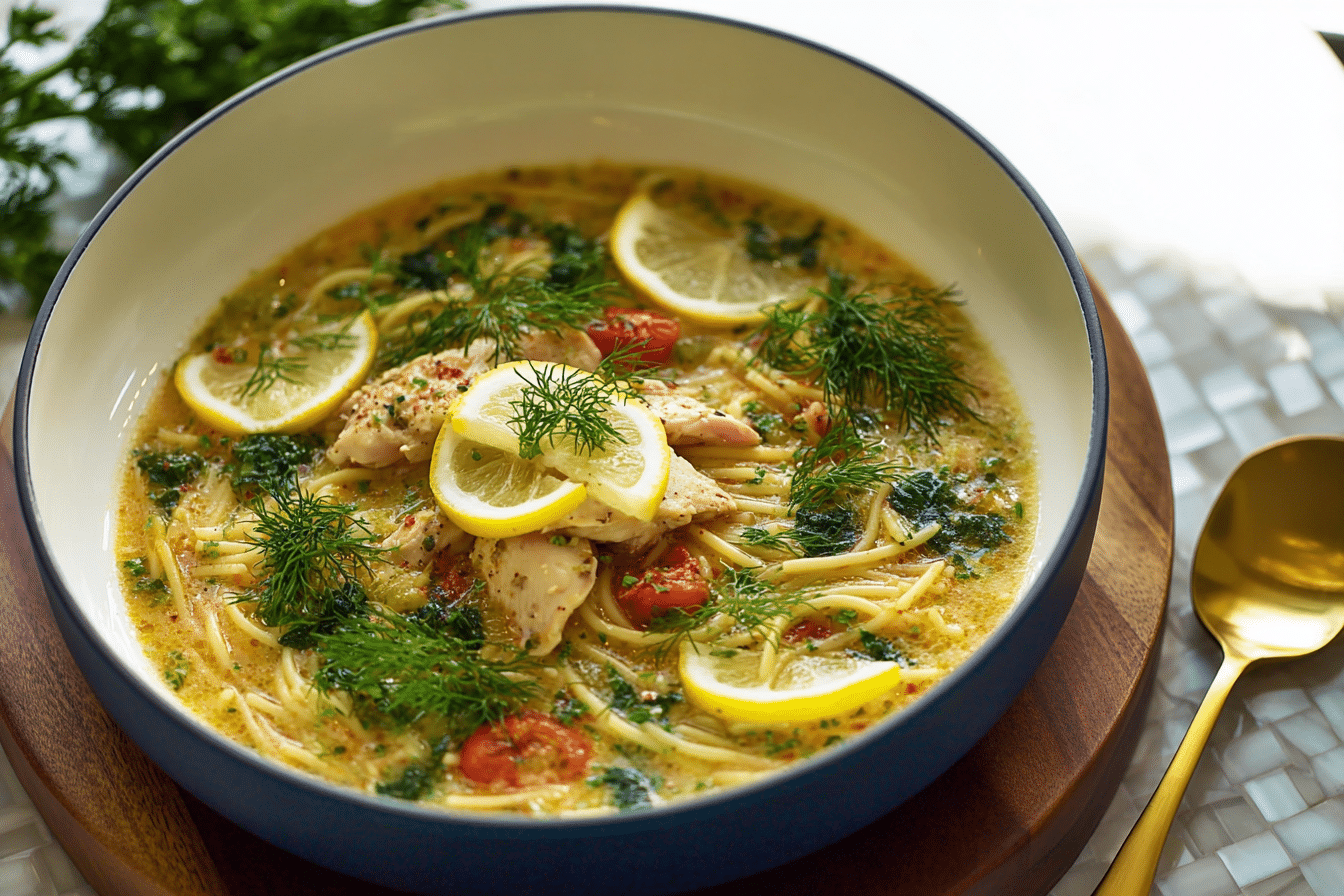 Greek Chicken Pasta Soup