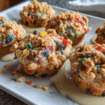 Fruity Pebbles Muffins cooling on rack with glaze.