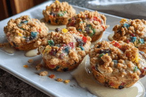 Fruity Pebbles Muffins cooling on rack with glaze.