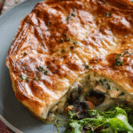 reshly baked French Chicken And Mushroom Pie cut open to reveal creamy filling