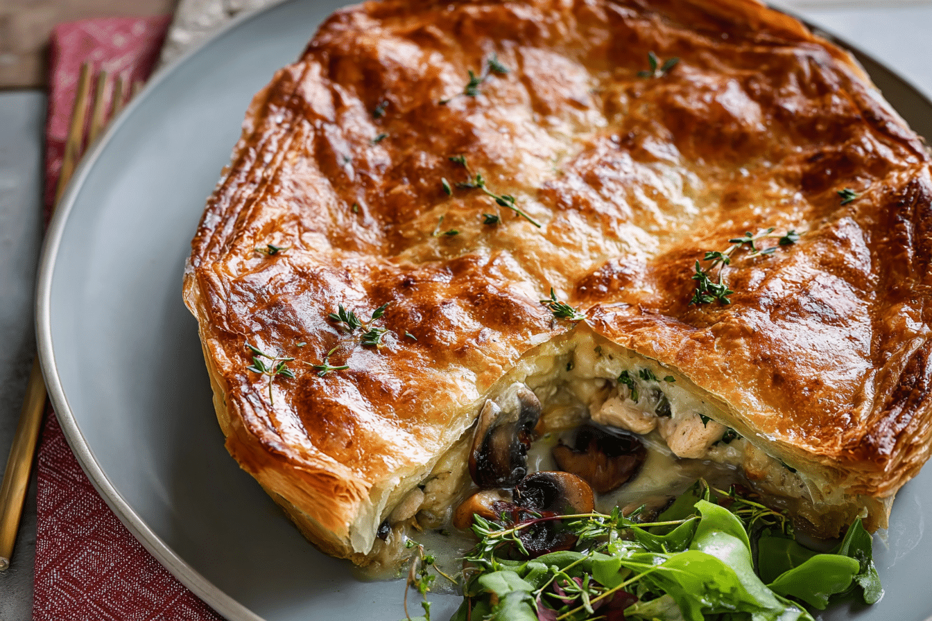 reshly baked French Chicken And Mushroom Pie cut open to reveal creamy filling