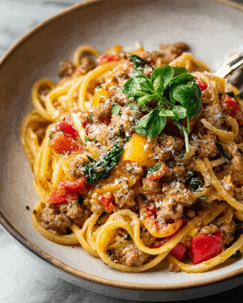 Creamy Sausage and Peppers Pasta served