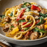 Creamy Sausage and Peppers Pasta served on a white plate with fresh spinach and grated parmesan, ready to eat