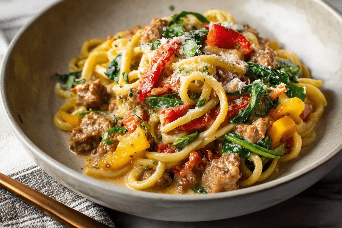 Creamy Sausage and Peppers Pasta served on a white plate with fresh spinach and grated parmesan, ready to eat