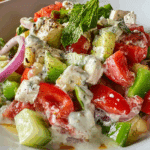 Greektown Creamy Feta Dressing in ceramic bowl with olive oil drizzle