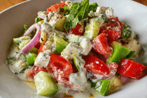 Greektown Creamy Feta Dressing in ceramic bowl with olive oil drizzle