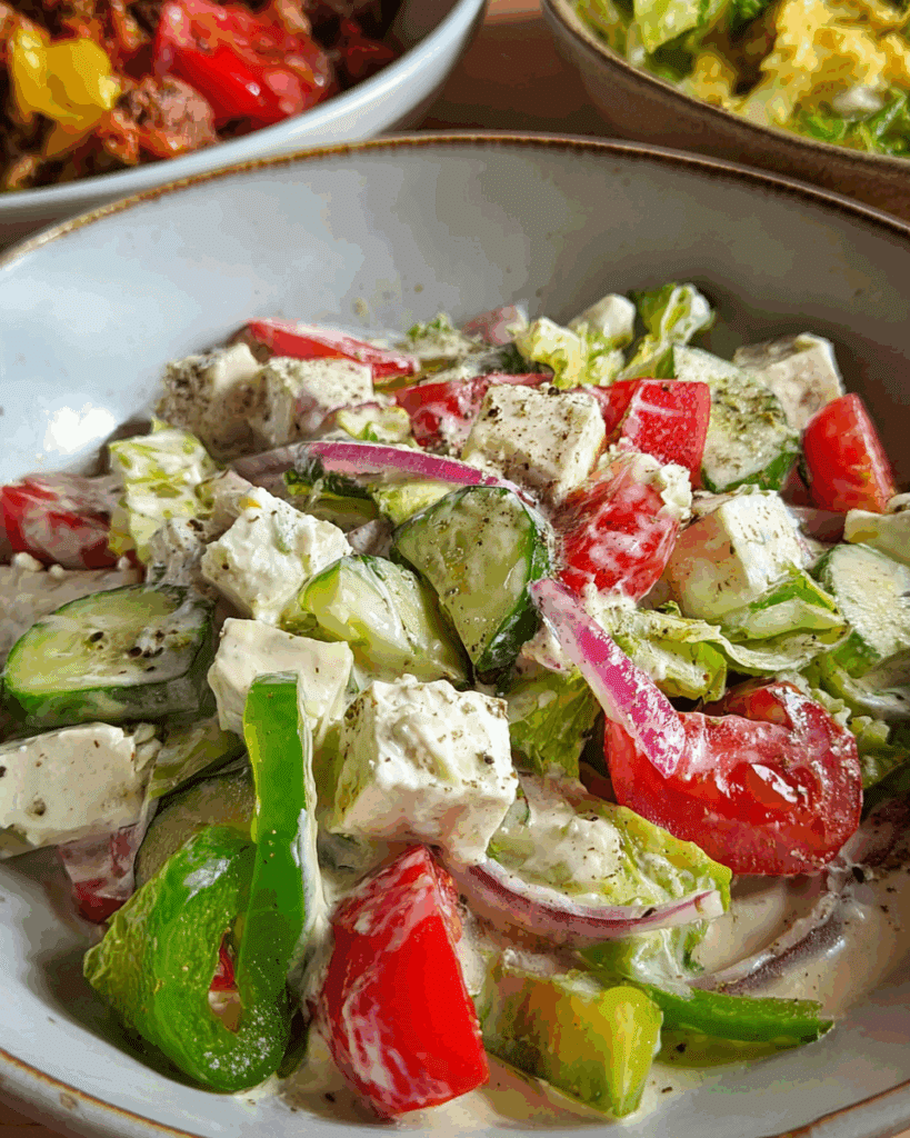 Greektown Creamy Feta Dressing over fresh Greek salad