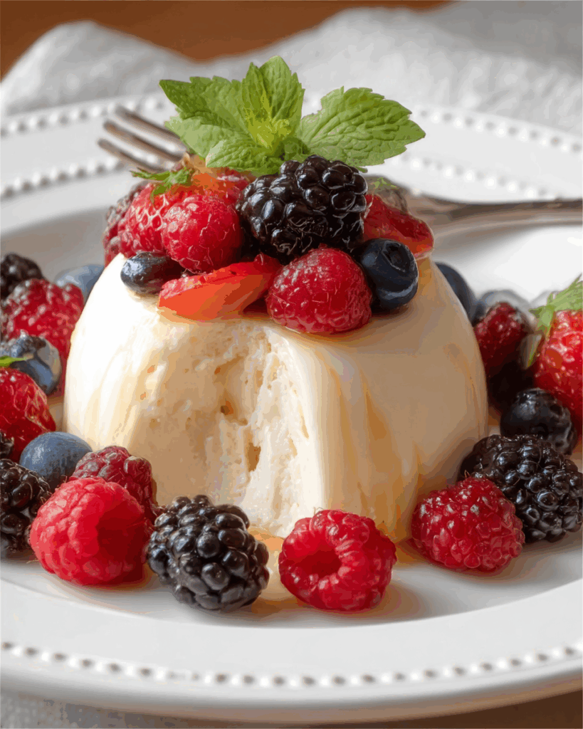 Bavarian Cream and Berries plated with mint and berry sauce drizzle