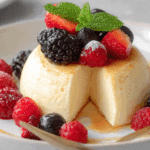 Bavarian Cream and Berries in elegant glass dessert dish topped with fresh berries