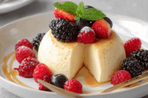 Bavarian Cream and Berries in elegant glass dessert dish topped with fresh berries