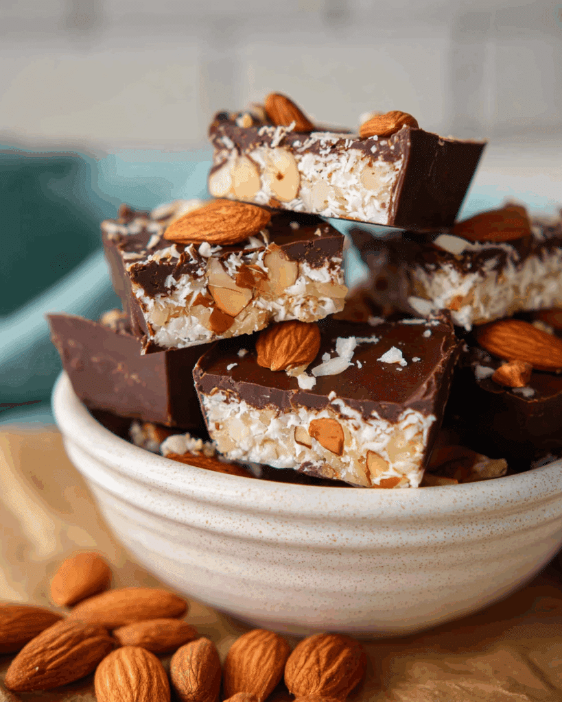 Finished healthy almond joys on a plate