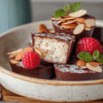 Homemade healthy almond joys with dark chocolate and coconut