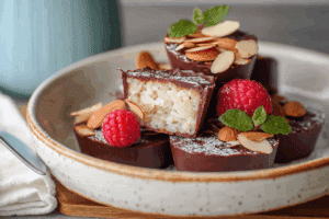 Homemade healthy almond joys with dark chocolate and coconut