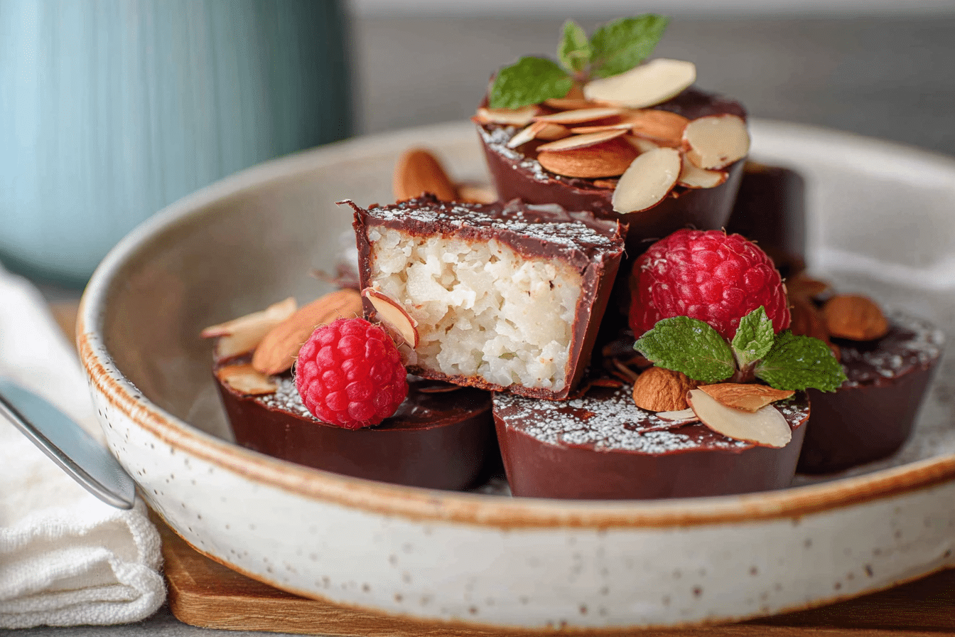 Homemade healthy almond joys with dark chocolate and coconut