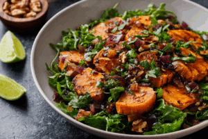 A vibrant Chipotle Lime Sweet Potato Salad in a ceramic bowl
