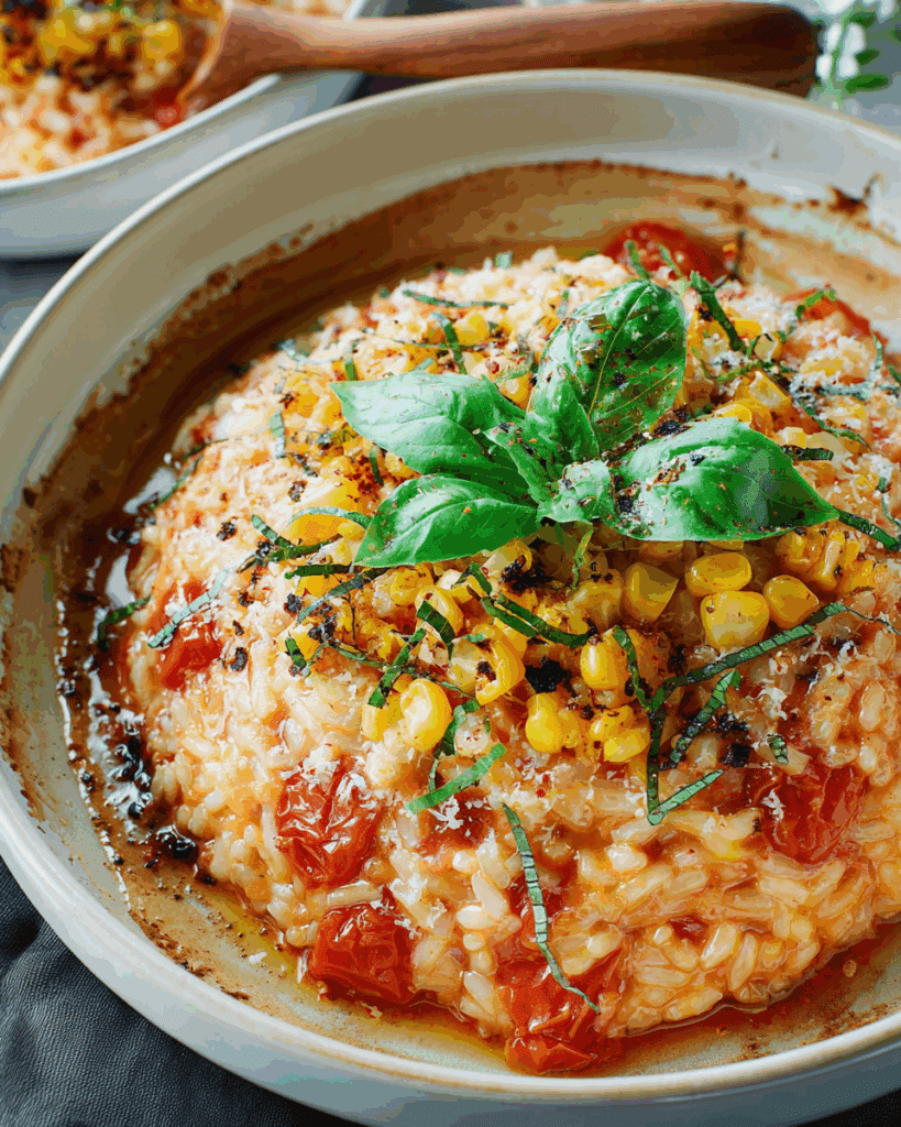 Plated tomato risotto with gourmet garnishes