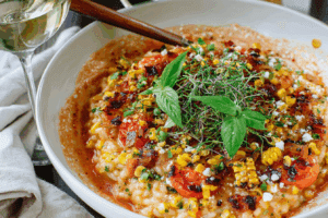 Creamy tomato risotto with roasted corn and herbs