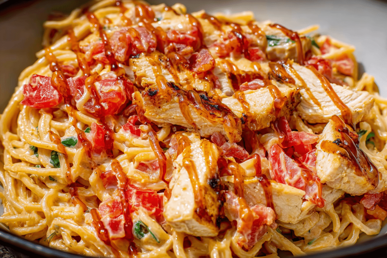 Crock Pot BBQ Alfredo Chicken Spaghetti