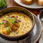 Cheddar Garlic Herb Potato Soup served with bread
