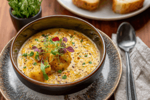 Cheddar Garlic Herb Potato Soup served with bread