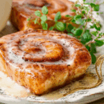 Freshly glazed homemade honey buns on a rustic wooden table.