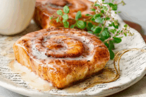 Freshly glazed homemade honey buns on a rustic wooden table.