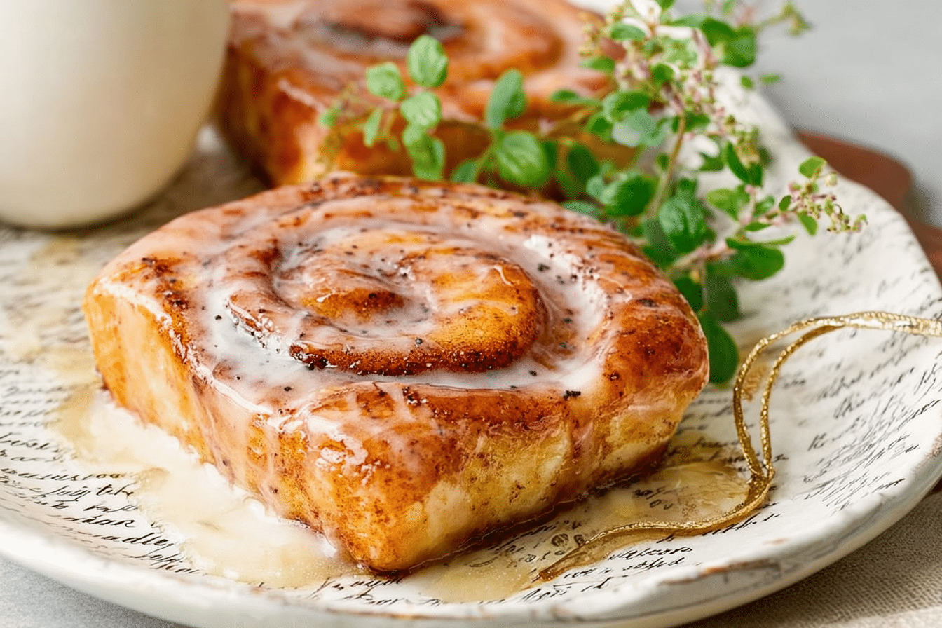 Freshly glazed homemade honey buns on a rustic wooden table.