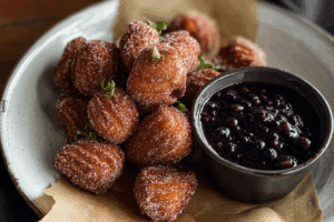 Brown Butter Churro Bites with Wild Blueberry Dipping Sauce