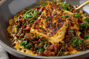 Smoky Skillet Lasagna with Crispy Lentils in cast iron skillet