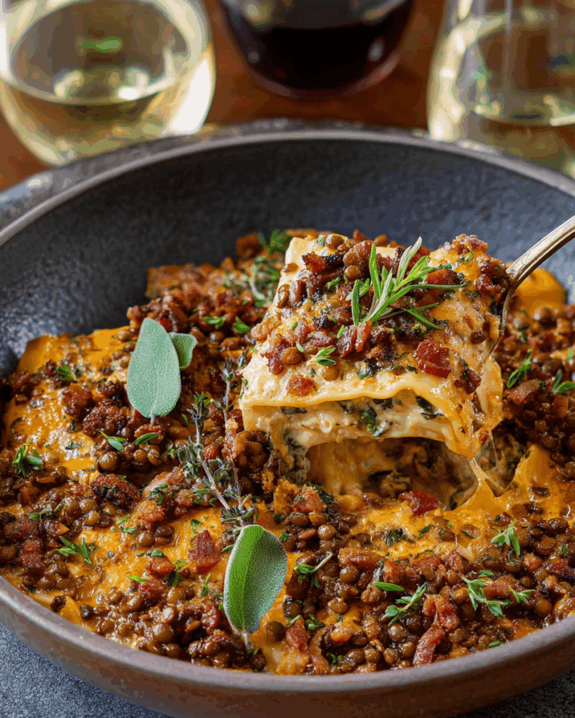 Serving Smoky Skillet Lasagna with Crispy Lentils with sides