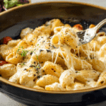 A steaming bowl of Creamiest Four Cheese Pasta with garnish.