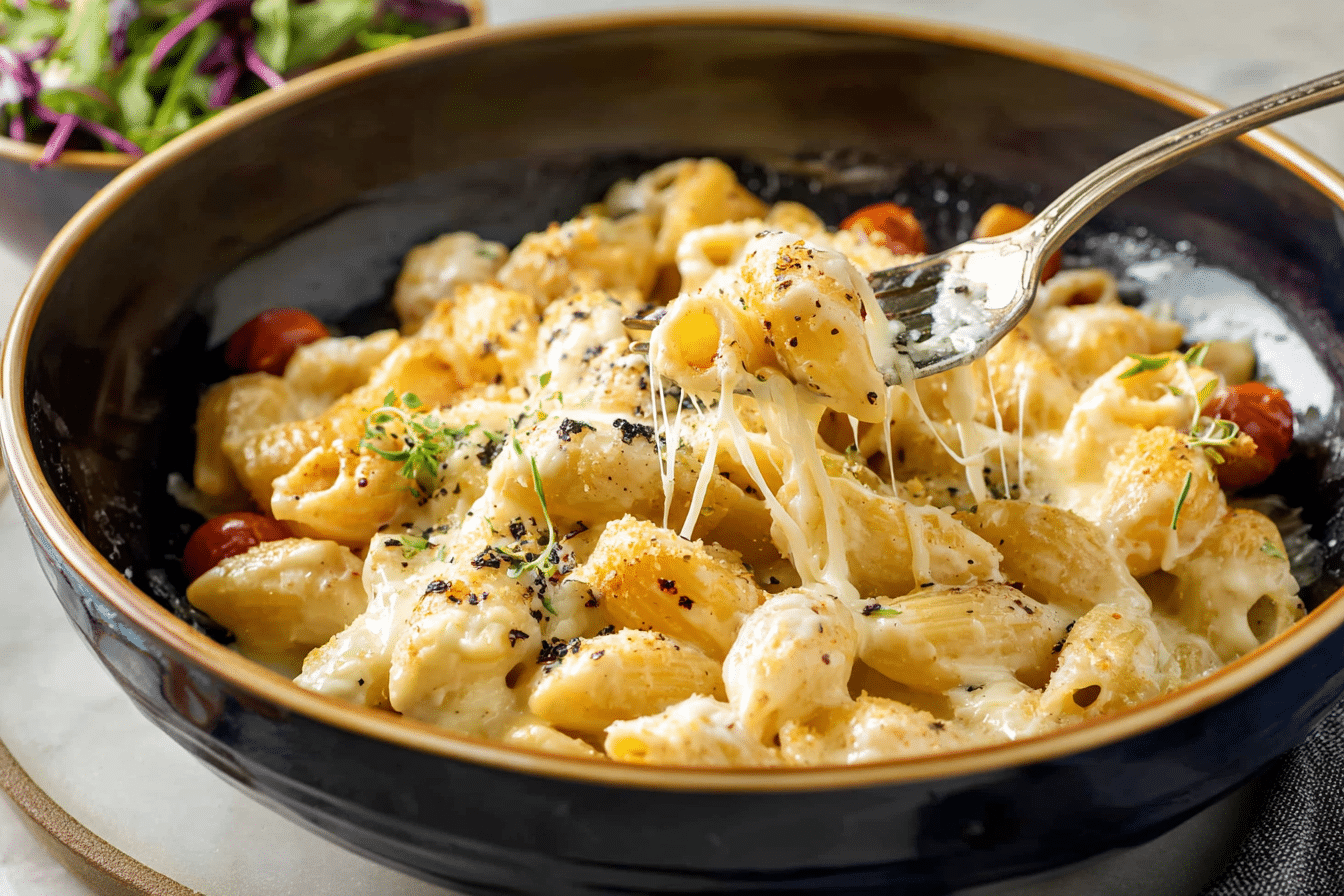 A steaming bowl of Creamiest Four Cheese Pasta with garnish.