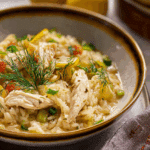 Bowl of One Pot Lemon Dilly Chicken Rice Soup with dill and lemon